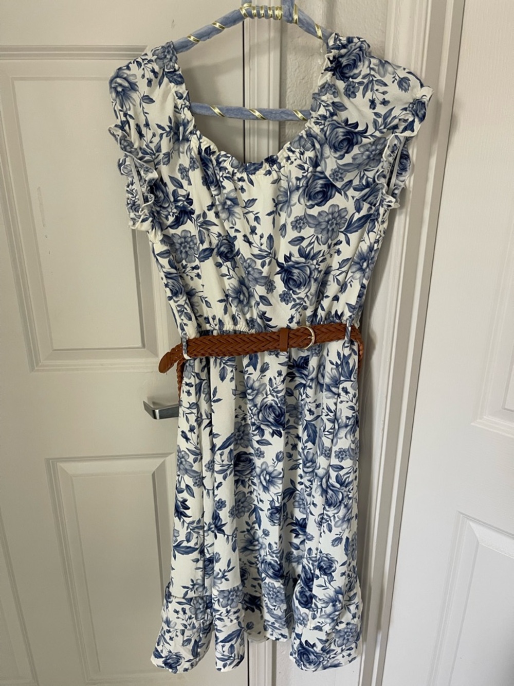 Liberty Love White Midi Dress with Blue Floral Print and Braided Belt